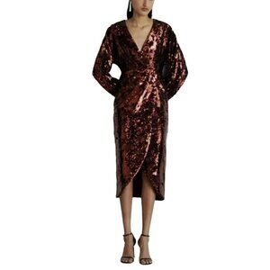 Ted Baker Sequins Burgundy Wine Emmalee Surplice Midi Dress US 6